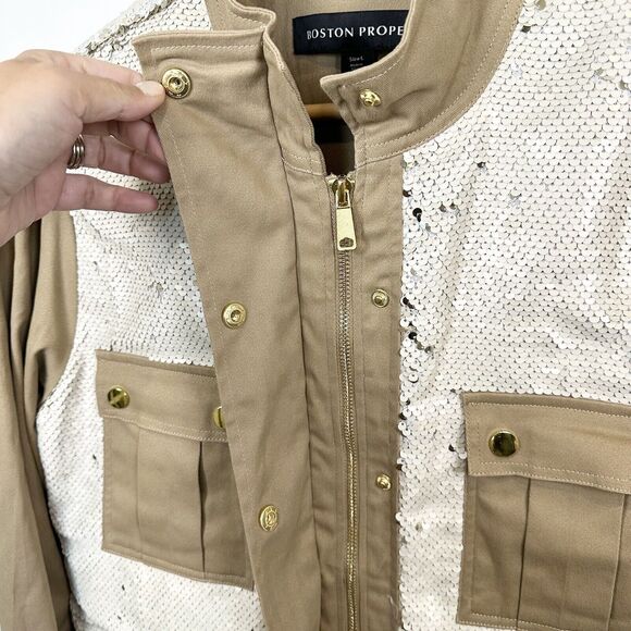 Boston Proper Jacket Women’s Large Beige Sequin Embellished Puff Sleeve Utility - Picture 11 of 16